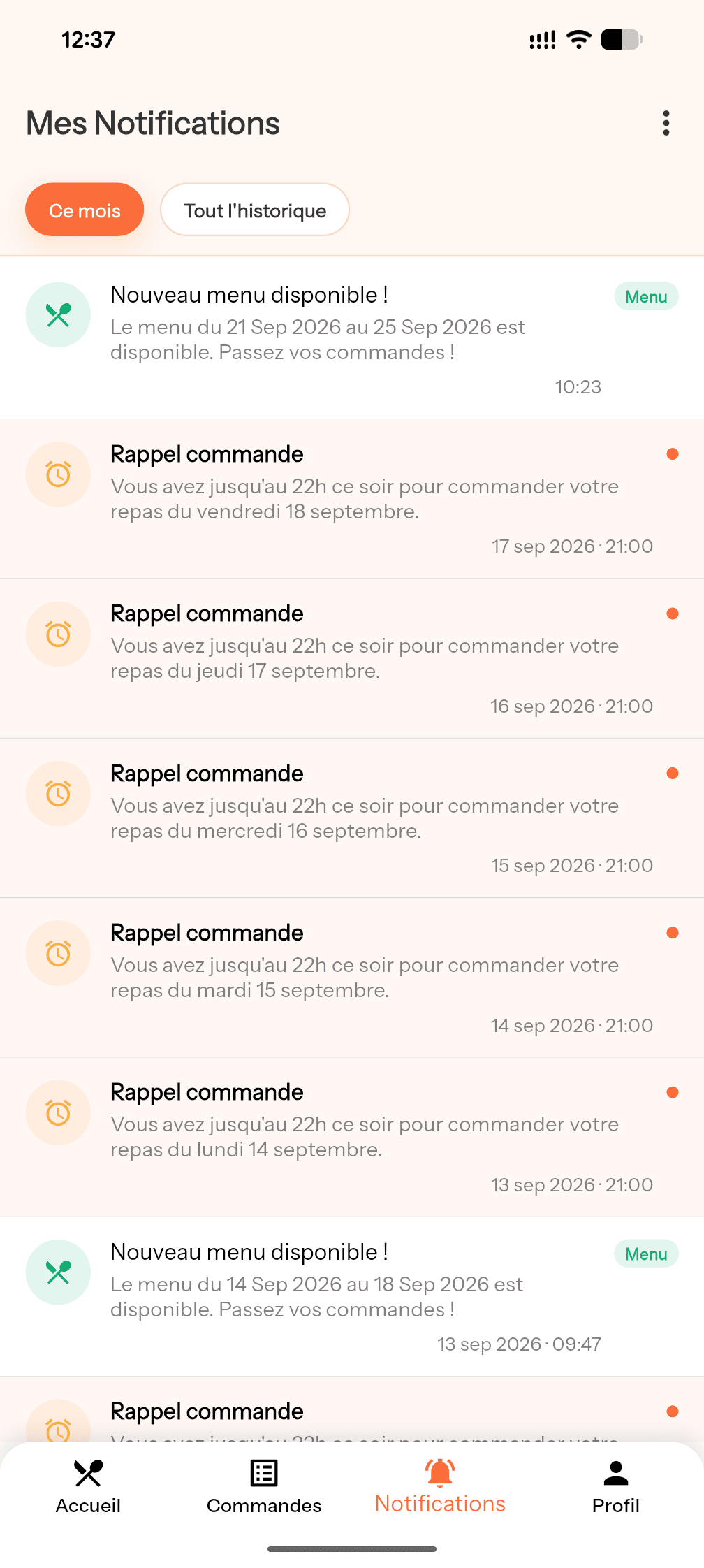 Notifications de suivi de commande