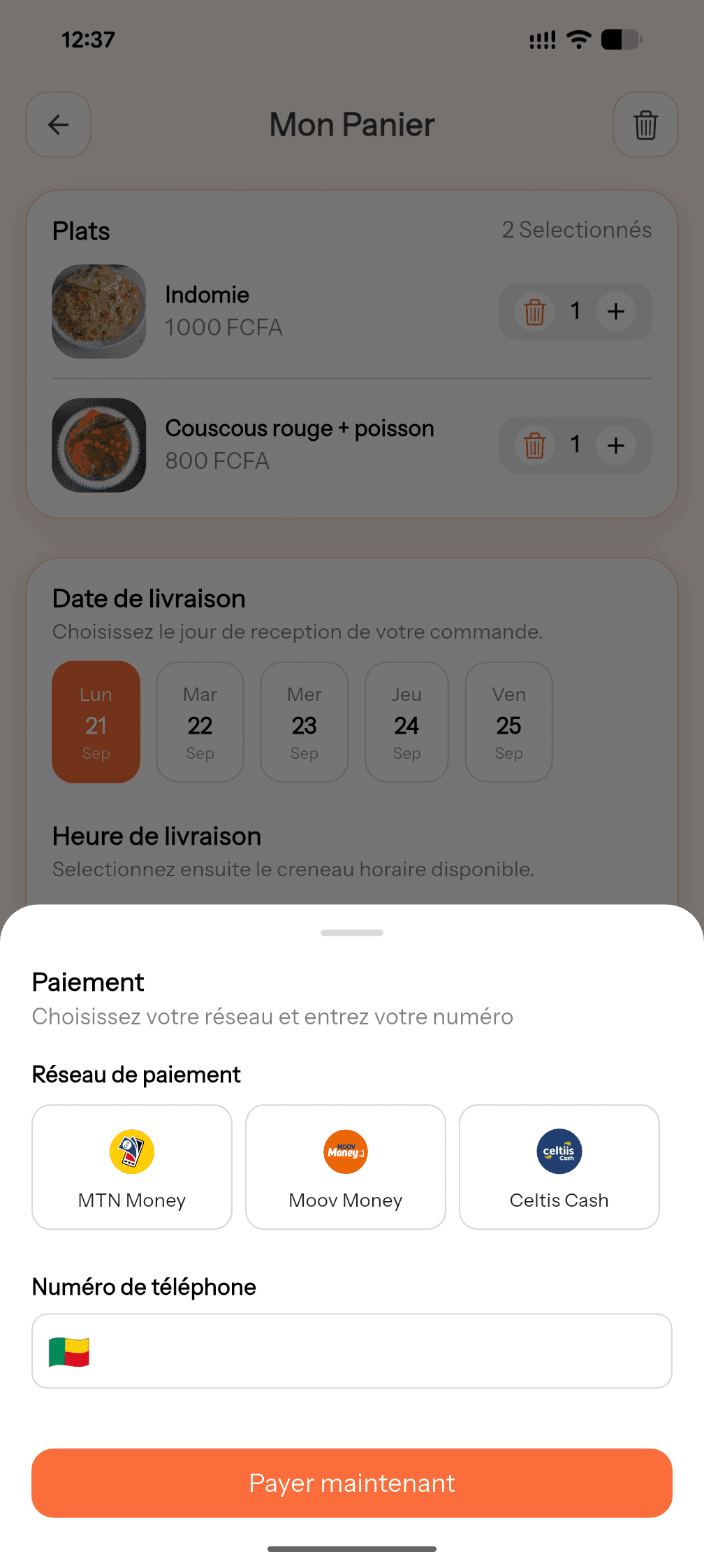 Paiement mobile money dans l’app EconoMiam